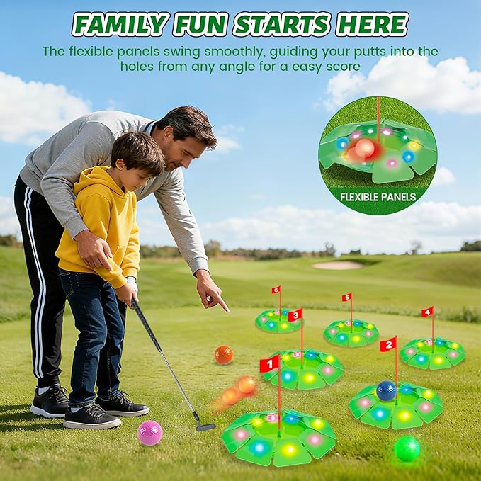 VATOS Light up Golf Putting Game Set - Glow Golf Toy with 6 LED Holes, 6 Balls (2 Glow), Extendable Putter, Build Your Own Course at Home Indoor Outdoor Yard Office Golfs Gifts for Kids Adults Golfer