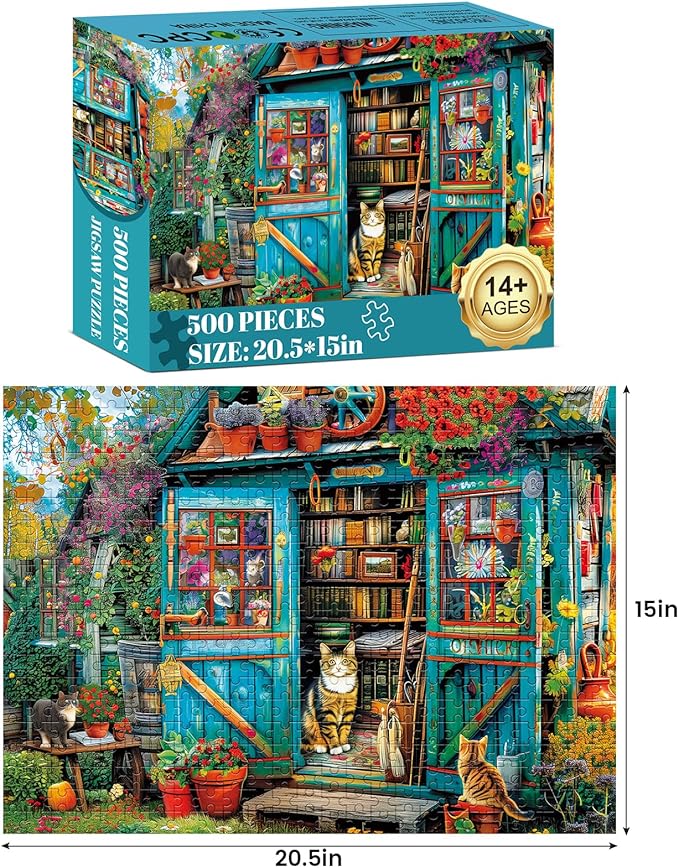 500 Piece Puzzle for Adults Jigsaw Puzzles Cat Puzzles, Book House Puzzles for Adult Elderly, Artistic Decorations, Educational Toys Challenging Activity Gift Family Puzzle Lovers for Friends