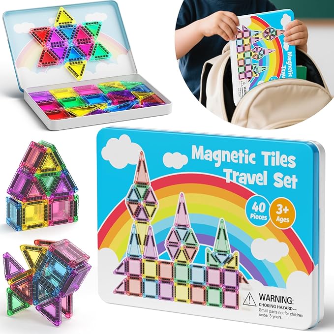 40 Pieces Magnetic Tiles for Kids Ages 4-8, Travel Magnetic Building Blocks Set with Iron Box, STEM Outdoor Kids Toys Gift for Boys & Girls 3+ Year Old, Pocket-Sized Classroom Must Haves