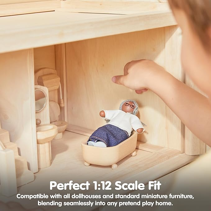 PlanToys® Grandmother Wooden Dollhouse Figurine | Poseable 1:12 Scale Mini Doll (5 Inch) | Dollhouse Accessories for Pretend Play | Eco-Friendly Montessori Toy for Kids Ages 3+