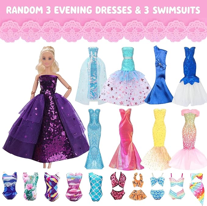 73 Pcs Doll Clothes and Accessories, 3 Wedding Gowns 3 Evening Dresses 3 Fashion Dresses 3 Tops 3 Pants 3 Bikini Swimsuits 10 Shoes 45 Accessories for 11.5 inch Girl Dolls Birthday Present for Girls