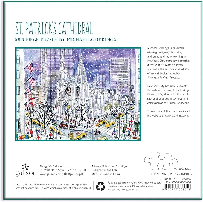 Galison Michael Storrings St. Patrick’s Cathedral Puzzle, 1000 Pieces, 27” x 20” – Difficult Jigsaw Puzzle with Stunning Artwork – Thick, Sturdy Pieces, Challenging Family Activity