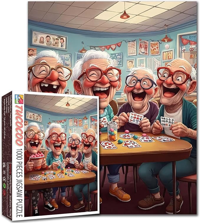 Laughing Old Man Jigsaw Puzzles for Adult 1000 Pieces Good Friends Playing Cards Puzzles Wall Decor Happy Grandpa’s Funny Puzzles,Jigsaw Puzzle About Friendship 20''x27”inch Family Game Challengings