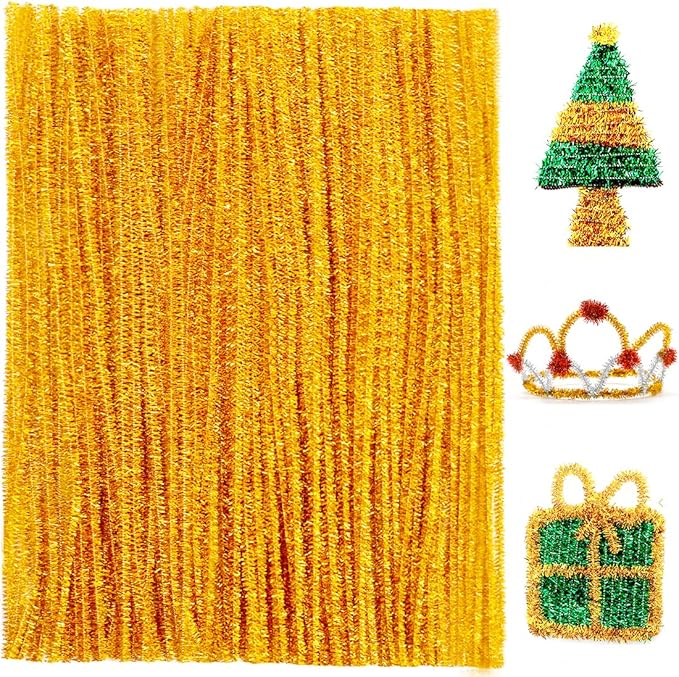 Praisebank Golden Glitter Pipe Cleaners for Crafts, 200pcs, Chenille Stems for DIY Projecets, Arts & Crafts Supplies for Festival Party Decorations