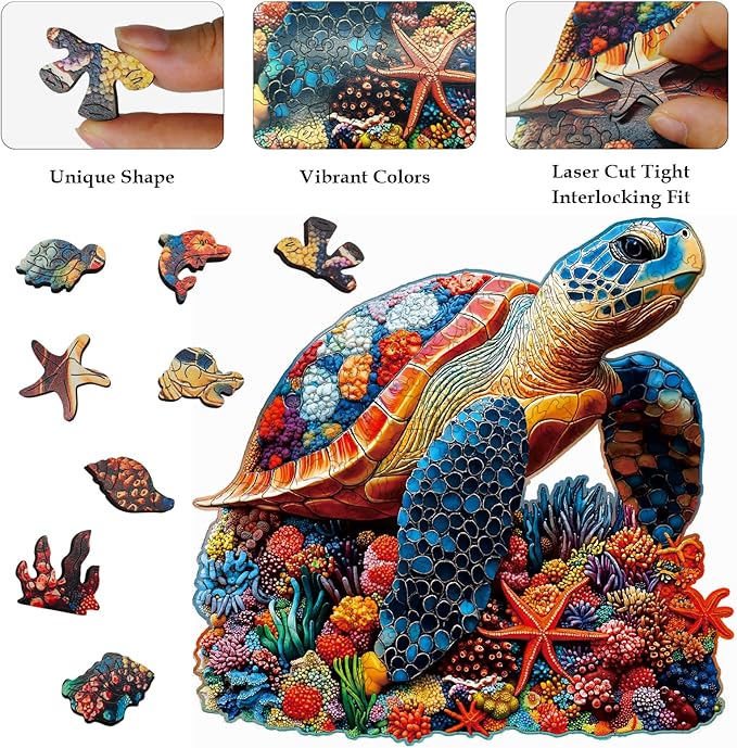 Wooden Jigsaw Puzzles for Adults and Kids, Sea Turtle 200 Piece Unique Shaped Puzzle, Family Game and Creative Wooden Puzzle Gift, Wall Art Decor