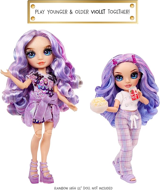 Rainbow High Jr High PJ Party - Violet, Purple 9" Posable Fashion Doll with Soft Onesie, Slippers, Fun Play Accessories, Great Toy Gift for Girls Kids Ages 4-12 Years