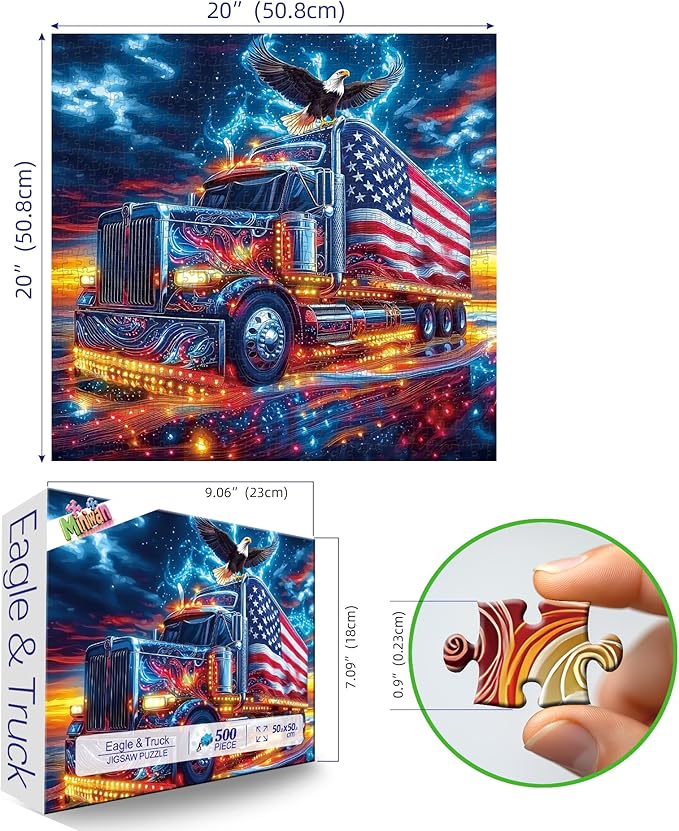 500 Piece Puzzles for Adults, 4th of July- Bald Eagles and Trucks Puzzle for Adults, Hard Challenge Art Jigsaw Puzzles, for Gifts Birthday Party Games Family, 20 * 20 inch Dust Free Puzzle
