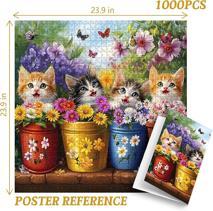 PICKFORU Cat Puzzles for Adults 1000 Pieces, Colorful Animals Jigsaw Puzzles Kitten Butterfly, Difficult Flower Plant Puzzle as Home Decor