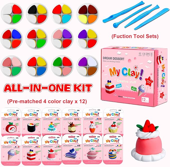 Kids Clay Air Dry Clay for Kids - Air Drying Modeling & Sculpting Kit,DIY 12 Box Food Dessert Cake Theme Arts & Crafts Clay Set,Ultra Soft Non-Sticky Bulk Party Favors & Party Crafts for Girls & Boys