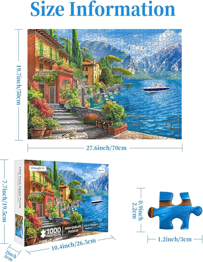 CHengQiSM 1000 Piece Puzzle for Adults, Seaside Resort Puzzles for Adults 1000 Pieces, Seashore City Jigsaw Puzzle for Adults Teens Seniors, Premium Thick Cardboard, Finished Size 27.6 x 19.7 inches