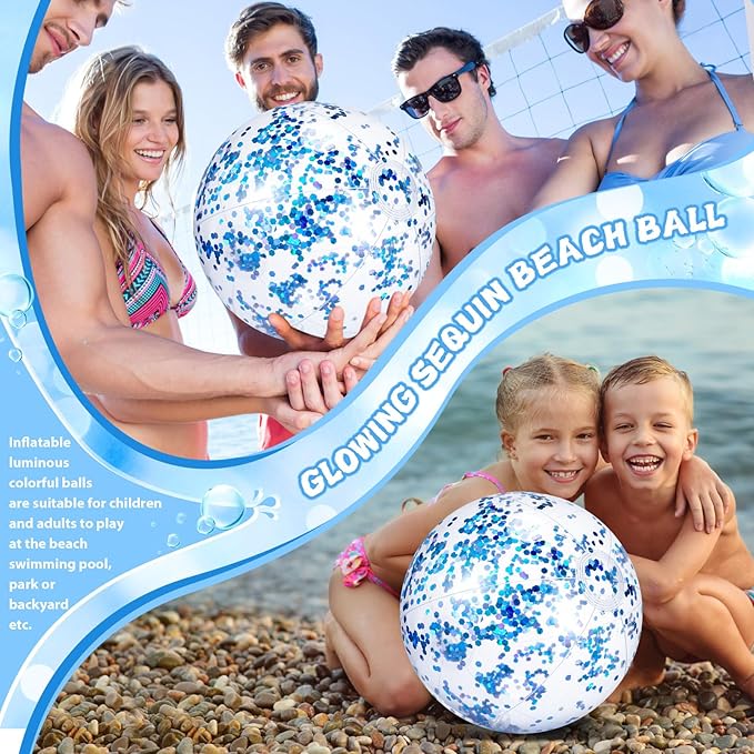 12 Pack 12 Inch Glow in The Dark LED Beach Ball Jumbo Confetti Glitters Inflatable Ball Swimming Pool Game for Party Pool Summer