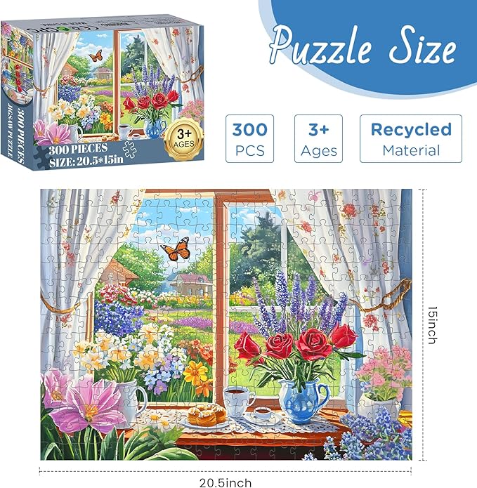 300 Pieces Puzzle for Adults, Flowers Puzzles for Adults, Garden and Relaxed Afternoon Tea Jigsaw Puzzles, Challenging Game Home Decor Party Gift for Adults Kids Seniors 20.5 * 15 inch