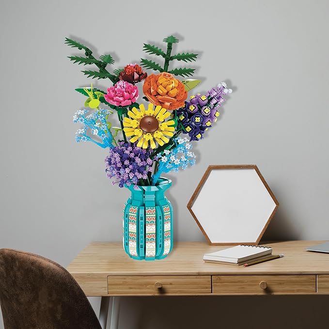 Flowers Bouquet Toys Building Blocks Set with Vase, Roses, Sunflower, Hyacinth, Hydrangea, Artificial Plants for Adults, Teen Girls, Home, Office Decor- 1853pcs