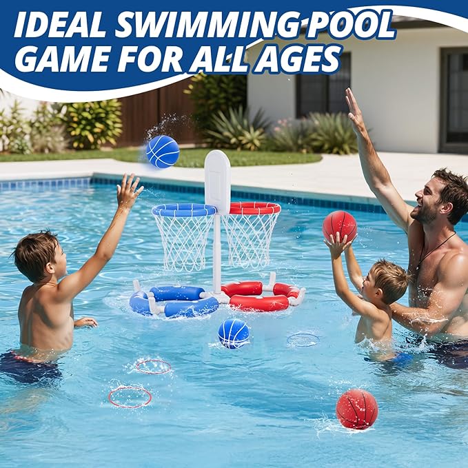 Double Pool Basketball Hoop with Backboard, 2-in-1 Floating Pool Toys Ring Toss Game, 2 Player Games Summer Outdoor Water Toys Gifts for Kids Ages 4-8 8-12 & Adults, Family Swimming Pool Party