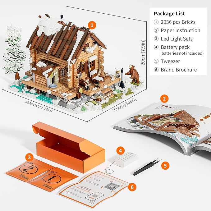 FUNWHOLE Hunting-Cabin Lighting Building-Bricks Set - Retro Wooden Cabin LED Light Construction Building Model Set 2036 Pcs for Adults and Teen