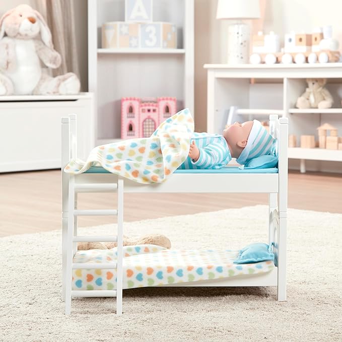 Melissa & Doug Mine to Love Wooden Play Bunk Bed for Dolls up to 18 inches-Stuffed Animals - White (2 Beds, 17.4”H x 9.1”W x 20.7”L Assembled and Stacked)