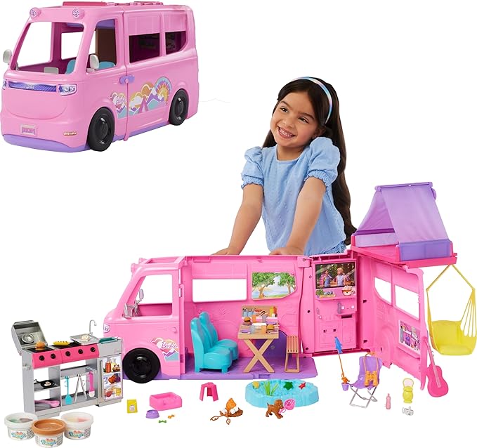 Barbie Dream Camper Playset with Roof Tent, Swing Chair, Fishing Pond, BBQ Grill with Color-Change Feature & 60+ Accessories Including Dough
