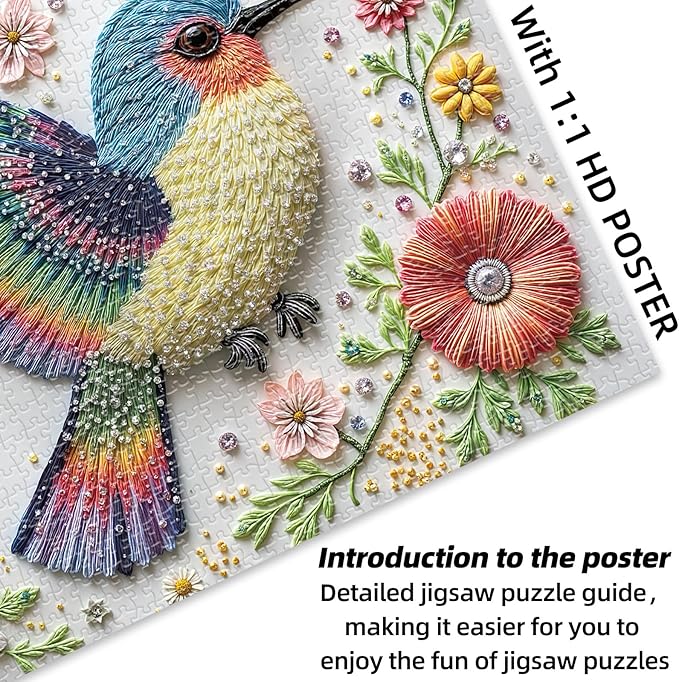 Gem Bird 1000 Piece Puzzle for Adults, Hard Challenging 1000 Pieces Jigsaw Puzzles for Adults, Colorful Art Style Bird Puzzles with Rhinestone Detail Look, Vibrant Stress Relief Game, 27.6"x19.7"