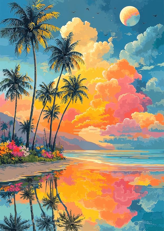 Tropical Sunset Beach 1000 Piece Puzzle for Adults - Macaron Color Palette Art, Mirror Lake Palm Tree Scene, Poster & Lettered Back, 20"x28" HD, Gift for Travel & Art Lovers