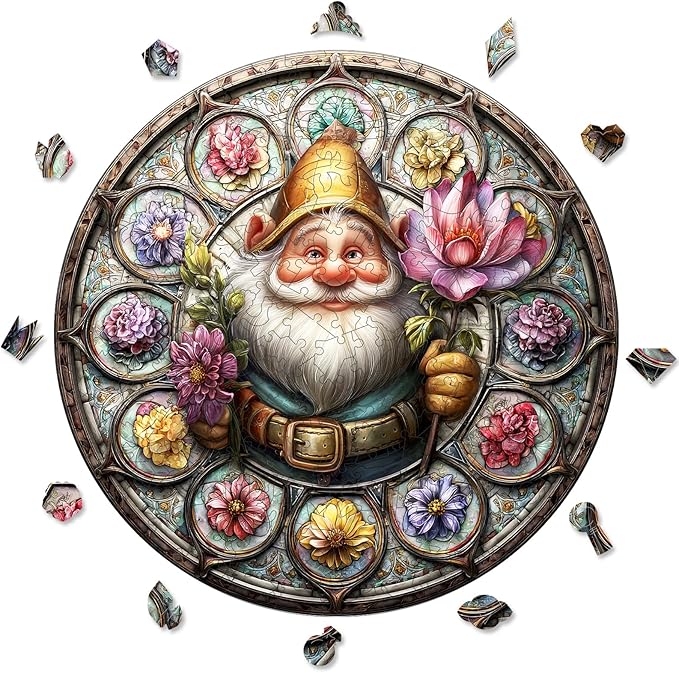 Mocfesk Wooden Puzzles for Adults, Gnome Jigsaw Puzzles, Unique Shaped Lotus Flower Puzzles for Kids, Family Fun Home Decor 16.5 x 16.5 in