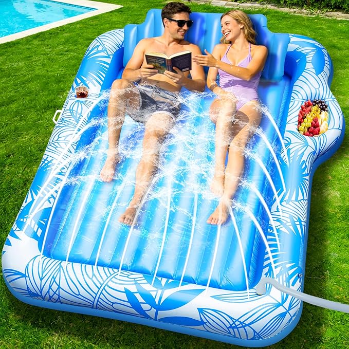 83" X 60" Inflatable Tanning Pool Lounger Float with Sprinkler, Extra Large Pool Float Adults with Pillow, 6 in 1 Suntan Tub Raft Floatie Toys with Drink Holder Sunbathing Water Filled Tanning Bed