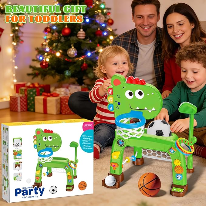 4-in-1 Toddler Basketball Hoop Soccer Goal with Golf Game and Ring Toss, Dinosaur Toys for 1 2 3 Year Old Babies Boys Girls, Kids Sports Toy with Light Sound Music, Xmas Birthday Gifts for Toddlers