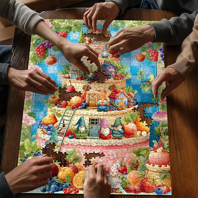 Funny Gnome Puzzles for Adults 1000 Pieces, Cute Gnomes Cake Food Fruit Flower Puzzle, Colorful Floral Challenge Jigsaw Puzzle