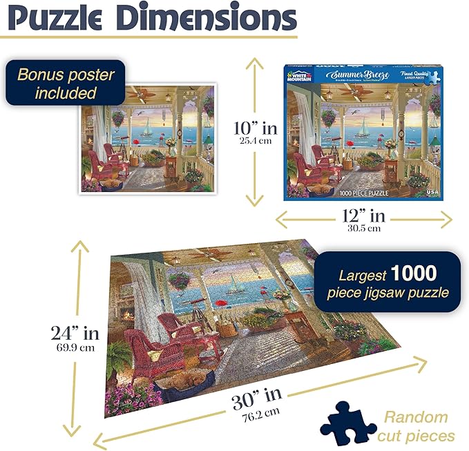 White Mountain 1000 Piece Jigsaw Puzzle Ocean Beach House Puzzles with Large Pieces Gift for Adults and Family 24"x30" - Summer Breeze