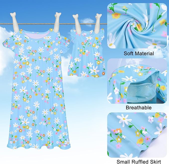 ICOSY Matching Doll & Girls Nightgowns Clothes Girls Pajamas Sleepwear Outfit for Kids and 18" Girl Doll
