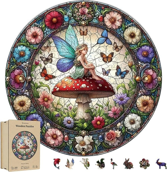 200 Pieces Fairy Wooden Puzzles for Adults, Mushroom Unique Shaped Wooden Jigsaw Puzzles for Adults, Flowers Irregular Adult Wood Puzzle Creative Gift with Exquisite Wooden Box