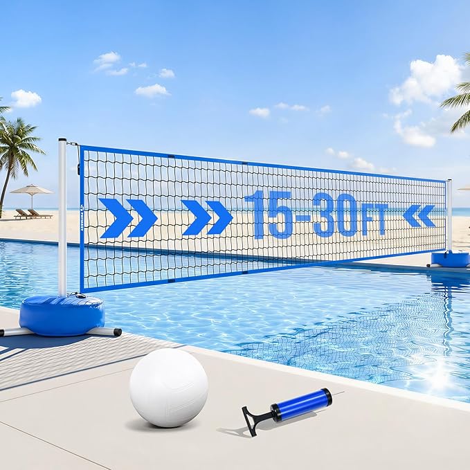Pool Volleyball Net Set for Inground/Above Ground with Adjustable 15-30FT Length, Pool Games for Adults and Family, Poolside Volleyball Nets with Ball, Pump, Heavy Duty Poles, Weighted Base