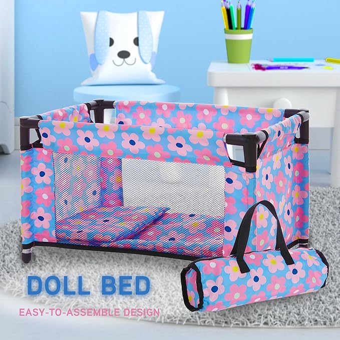 Baby Doll Stroller Bed and Swing Nursery Playset, Baby Doll Accessories Furniture Set Convertible High Chair Diaper Bag Role Play Deluxe Blue Doll Set