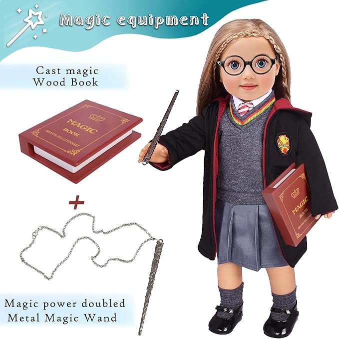 ebuddy 18 Inch Doll Clothes 10Pcs Magical School Outfit, Doll Costume with Wand & Glasses, Gift for Girls (No Doll)