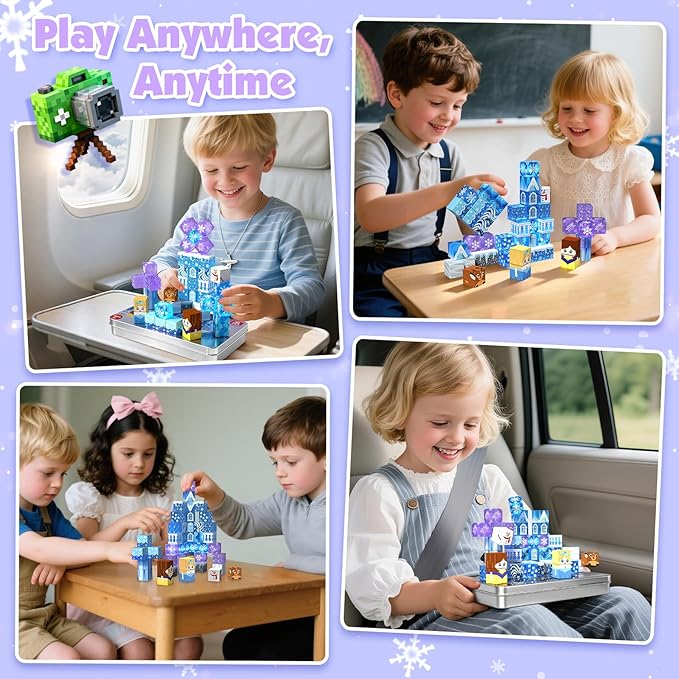 Magnetic Blocks, 45pcs Travel Toys Building Set with Magnetic Tin Box, Transparent & Light Up Magnet Cubes for Blue Snow Castle Build, Princess Toy Birthday Gift for Kid Girl 3+ Easter Basket Stuffers