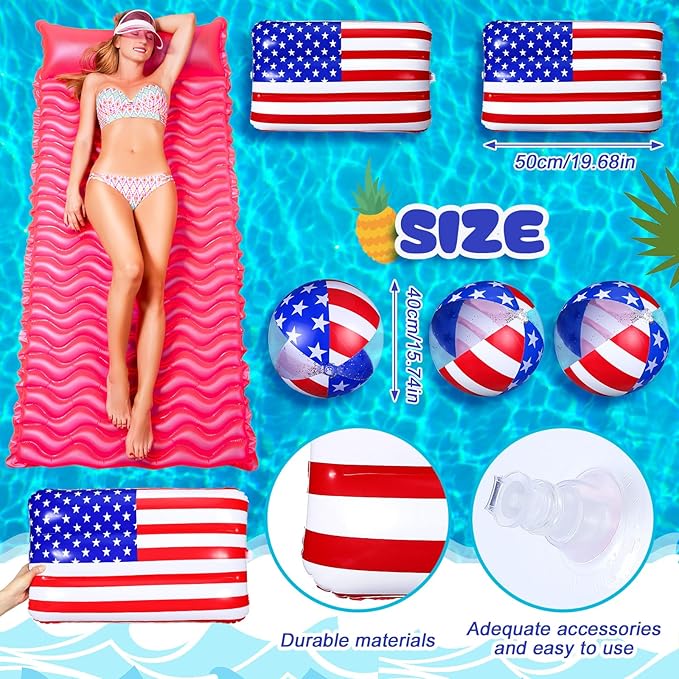 5 Pcs Inflatable 4th of July Pool Float USA 250th Anniversary American Flag Star Beach Balls Large 20'' Red White and Blue Inflatable Balls Independence Day Patriotic Decoration for Summer Pool