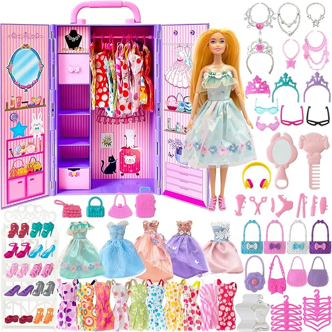 122 Pcs Doll Closet Playset with 11.5 Inch Dolls, Clothes and Accessories, Include Princess Dresses Shoes Bags Hangers Shoe Rack Doll Other Accessories, Dress Up Toys for Girls, Kids, Toddler (Purple)