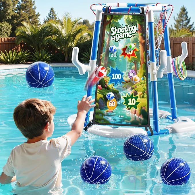 Pool Basketball Hoop, 4-in-1 Floating Pool Toys Ring Game with 4 Balls, Air Pump Launcher and Sticky Balls, Outdoor Swimming Pool Basketball Game Water Toy Family Party for Kids Age 3-12
