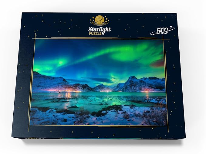 MyPuzzle Aurora Borealis Over Sea Coast, Lights At Night. Northern Lights On Lofoten Islands, Norway - Premium 500 Piece Jigsaw Puzzle for Adults
