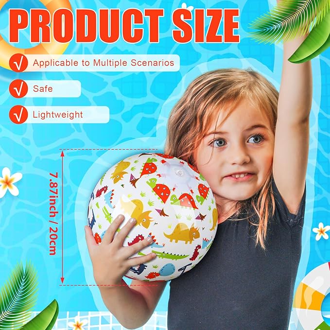 Leyndo 12 Pack Cartoon Dinosaur Themed Beach Ball for Kids 7.87" Bulk for Summer Pool and Beach Game Gifts and Birthday Party Supplies and End of The Year Class Party Decoration Favors