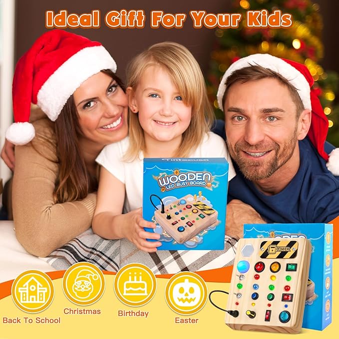 TINTECUSA Busy Board Montessori Toys for Toddler, Wooden Sensory Board Switch Toy with Shape Sorter LED Light Up Toys Educational Plane Travel Activity for Girls & Boys