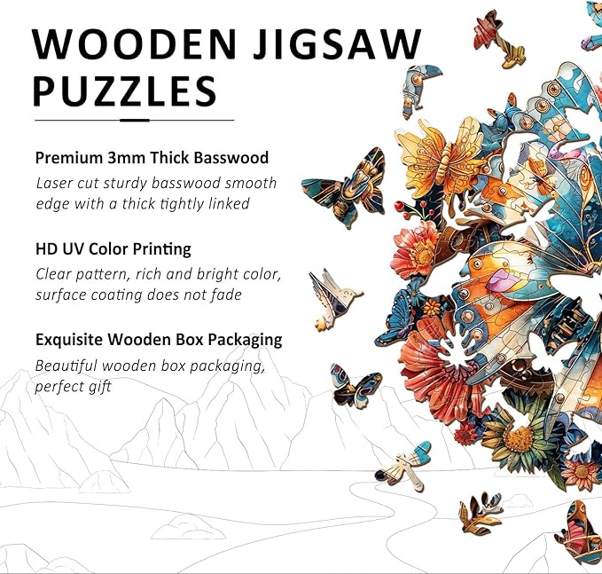 Wooden Jigsaw Puzzles for Adults - Mechanical Butterfly Wood Puzzles Adults - Unique Animal Shape Wooden Puzzles for Adults - Birthday Gifts for Puzzle Lovers, Family (13.3 * 13.3in-300 Pieces)