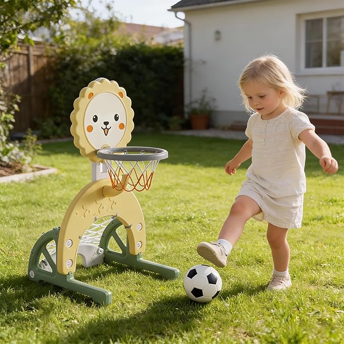 4-in-1 Toddler Basketball Hoop Indoor Adjustable Height Outdoor Sports Center for Kids Aged 1-3 Basketball, Soccer, Hockey & Ring Toss, Yellow and Green
