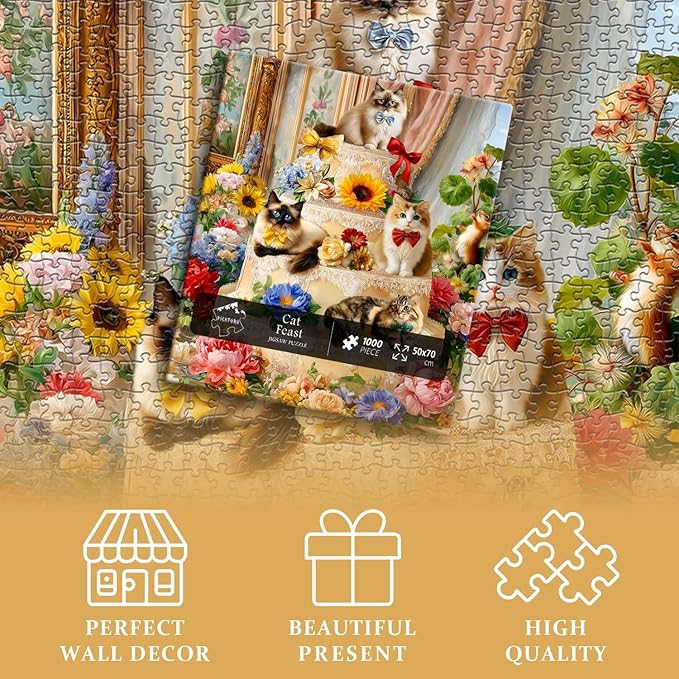 PICKFORU Cat Puzzles for Adults 1000 Pieces, Flower Kitty Jigsaw Puzzle Food Cake, Cute Animal Kitten Floral Challenge Puzzle