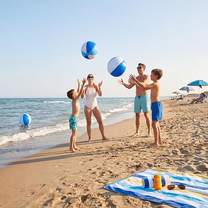 Realspring 12 Pcs Pastel Inflatable Beach Balls Kids Bulk Blue Stripe Jumbo Big Beach Balls Pool Floating Toys for Adults Water Games Baby Shower Birthday Summer Swimming Party Decor Favor(26.5 Inch)
