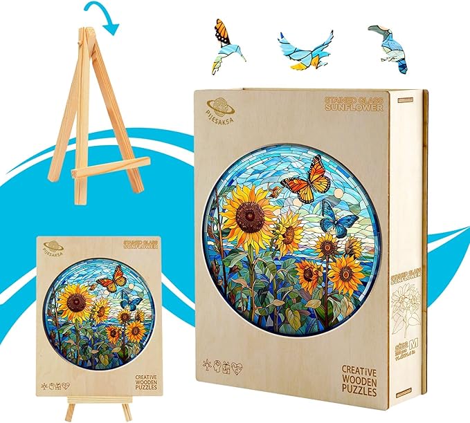 Wooden Puzzles for Adults - Glass Sunflower Wood Puzzle, Unique Shaped Wooden Jigsaw Puzzles for Adults, Wood Puzzles Adult, Perfect for Birthday, 100 Pieces 8.5 x 8.5in, Small