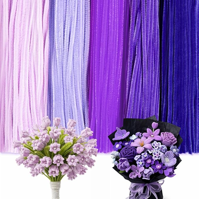 Peryiter 500 Pieces Pipe Cleaners Chenille Stems for Flowers Craft Supplies Bulk Fluffy Fuzzy Sticks for DIY Art Projects Creative Gift Wrapping Party Decorations(Purple,12 Inch)