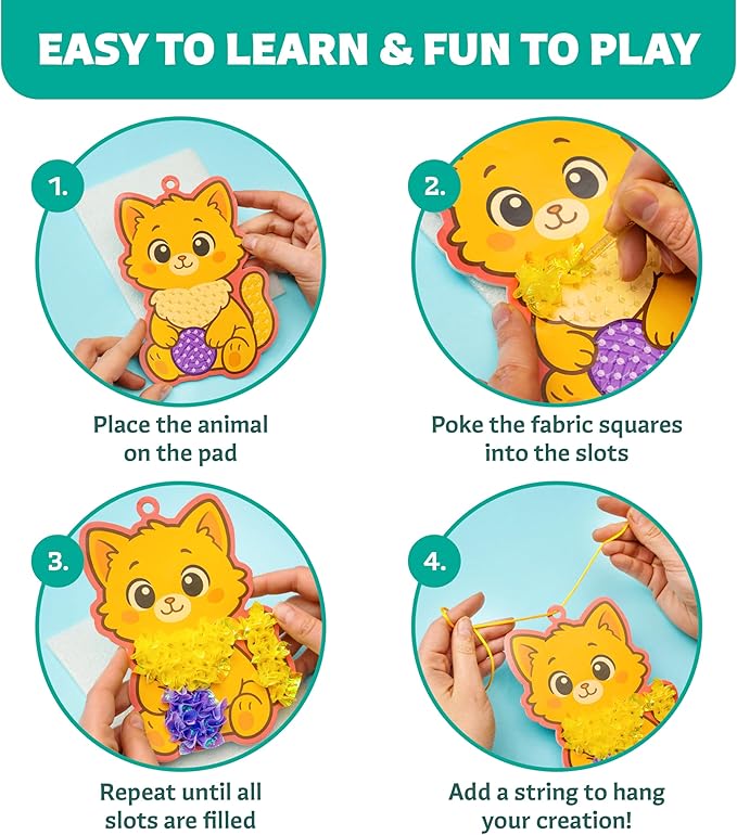 Poke-In Craft Animals Kit for Kids Ages 4-9 – Mess-Free Poke It Art Set with 9 Foam Animals & 1000+ Fabric Squares for Girls, Boys & Toddlers –Chidrens Punch Craft & Tufting Kit for 4 Year Old+