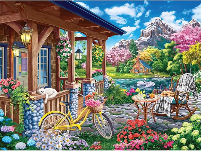 Bits and Pieces Jigsaw Puzzle for Adults – Colorful House Near The Lake by Image World — Scenic Lakeside Porch with Bicycle, Flowers, Cabin & Mountain Landscape