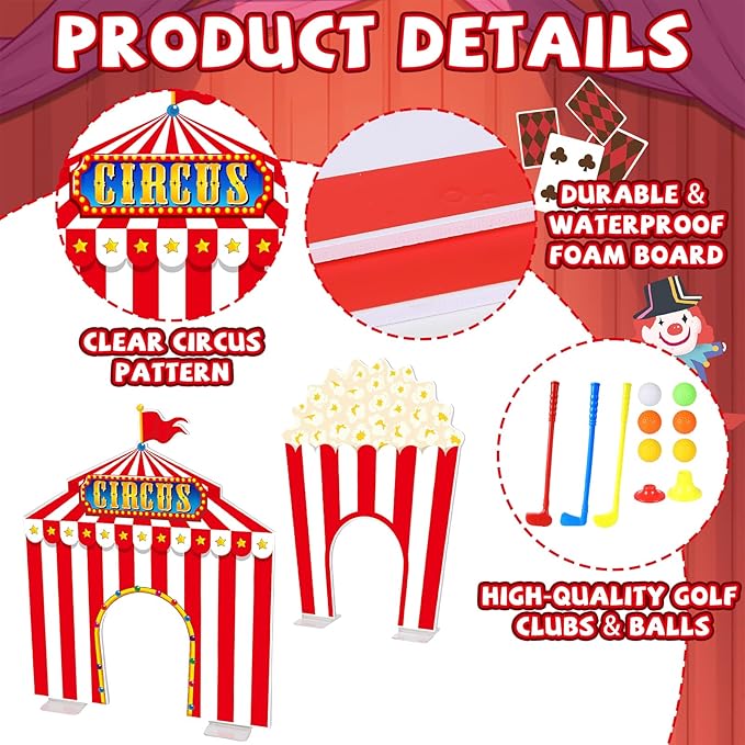 19 PCS Carnival Party Mini Golf Game Set Circus Tent Popcorn Game Set Include Clubs Balls Carnival Themed Obstacles for Groups Circus Birthday Golf Gaming Indoor Family Party Decoration