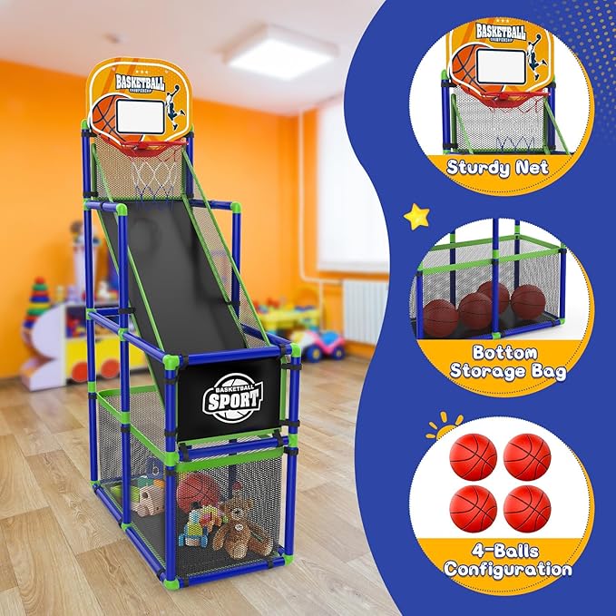 EagleStone Arcade Basketball Hoop Game Indoor, Ajustable Height Indoor Basketball Hoop with 4 Balls Storage Design for Kids,Perfect Sports Outdoor Play Toys for Kids Age 3 to 6 Years